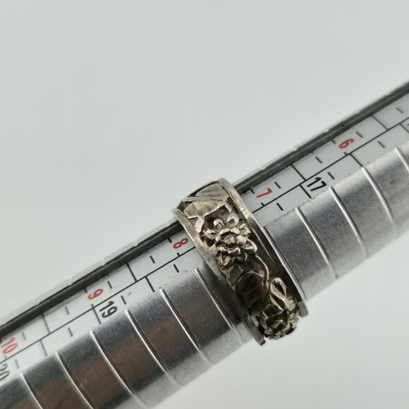 Vintage 925 Sterling Silver Floral Open Work Band Ring Size 7.5 Boho Statement - Picture 3 of 12